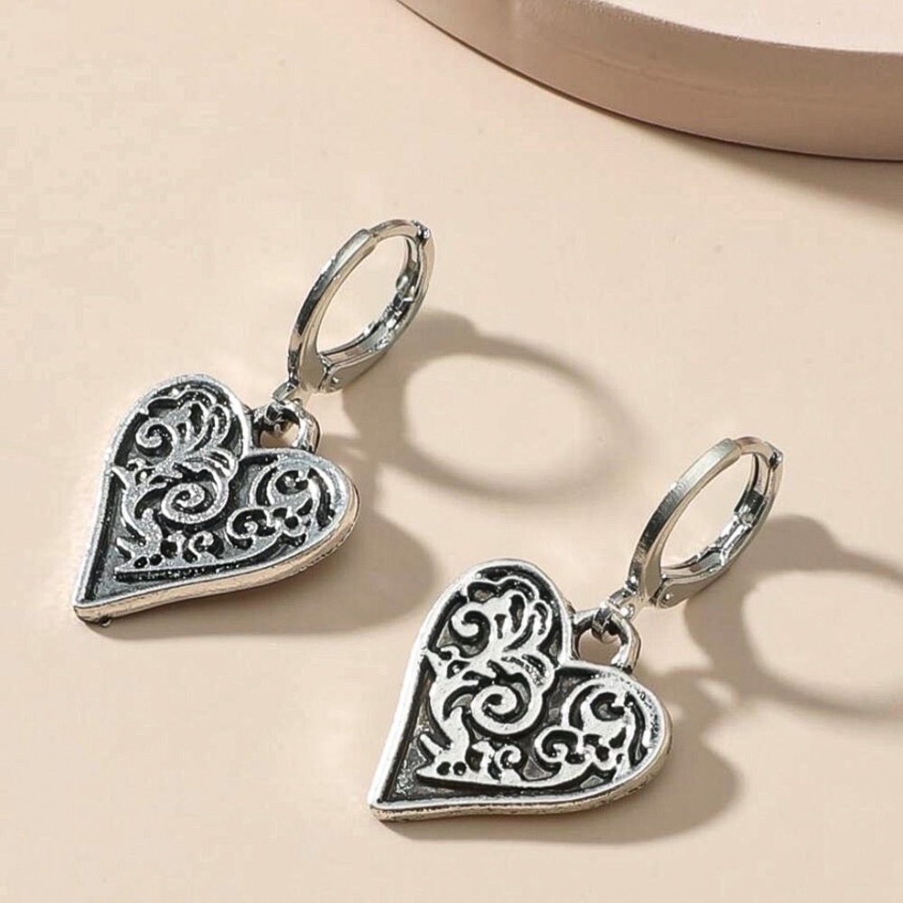 Silver Heart Boho Huggie Hoop Earrings - Picture 3 of 4